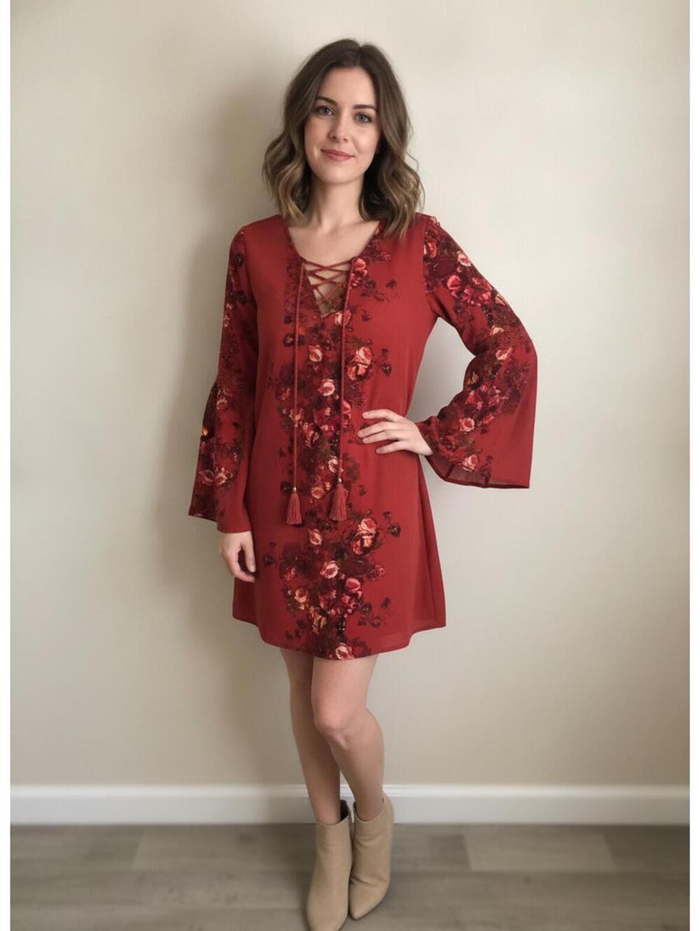 Altar’d State Rust Floral Chiffon Mini Dress Size Medium